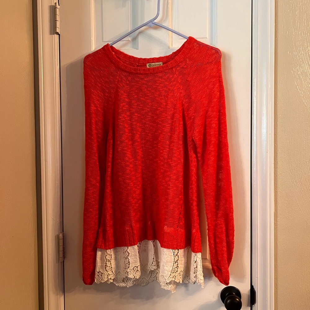 Democracy Medium Red Orange Sheer Sweater with Lace